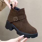 磨砂牛皮厚底勃肯鞋 粗跟马丁靴加绒保暖棉靴子 短靴女2025秋冬新款