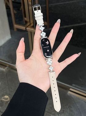 适用华为手环10NFC987表带WatchFIT4Pro32轻奢鎏金金属真皮质女