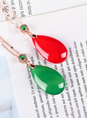 玉石匠冰种绿玉髓水滴吊坠 韩款925银镶嵌红玉髓滴水来财玉坠项链