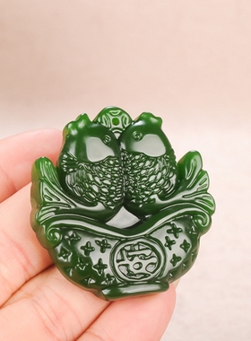 玉石匠和田玉碧玉金鱼挂件吊坠菠菜绿双鱼年年有余挂坠男女款挂件