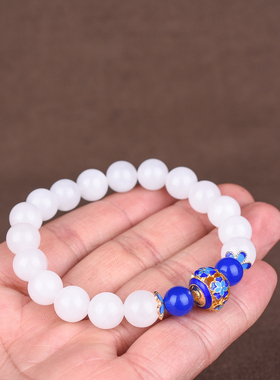 玉石匠新疆和田玉白玉手链 时尚男女款羊脂白玉景泰蓝配珠手串