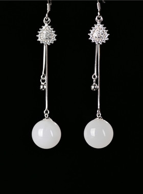 新疆和田白玉圆珠耳坠时尚长流苏纯银镶嵌耳线百搭款羊脂玉耳饰品