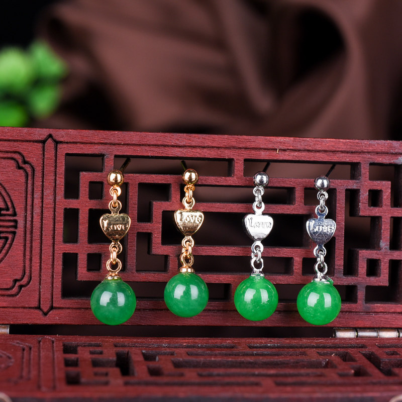 玉石匠缅甸翡翠圆珠耳环 碧玉少女款爱心耳坠 祖母绿色耳钉耳饰品