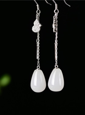 新疆和田白玉韩版水滴耳线 长流苏款葫芦纯银耳坠时尚网红耳饰品