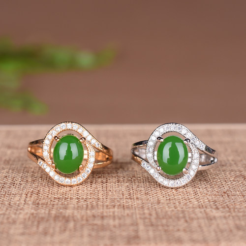 新疆和田玉碧玉戒指环戒面18K金镶钻戒指时尚简约网红活扣女戒指