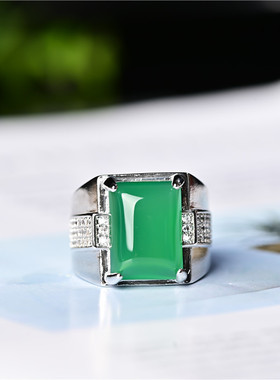 正品翡翠色男款方形戒指 925银镶嵌满绿帝王绿阳绿色玉髓大戒指