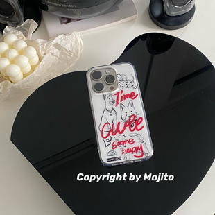 MOJITO|ins小众双层涂鸦红色英文小狗适用11苹果15ProMax手机壳iPhone12/13/全包软壳14Promax防摔保护套