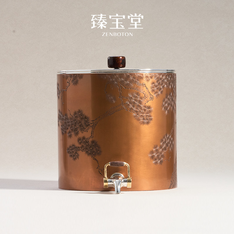 臻宝堂银水缸铜包银青松储水桶纯手工9999纯银水罐高端茶具配件