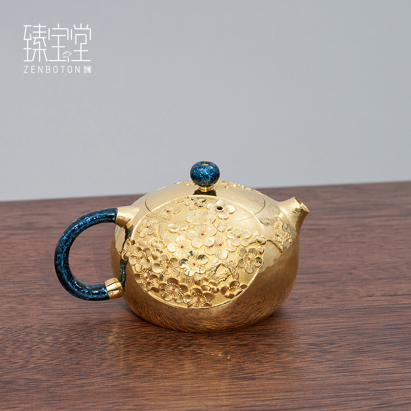 臻宝堂金壶24K足金纯手工一张打泡茶壶999纯金西施壶收藏茶具定制
