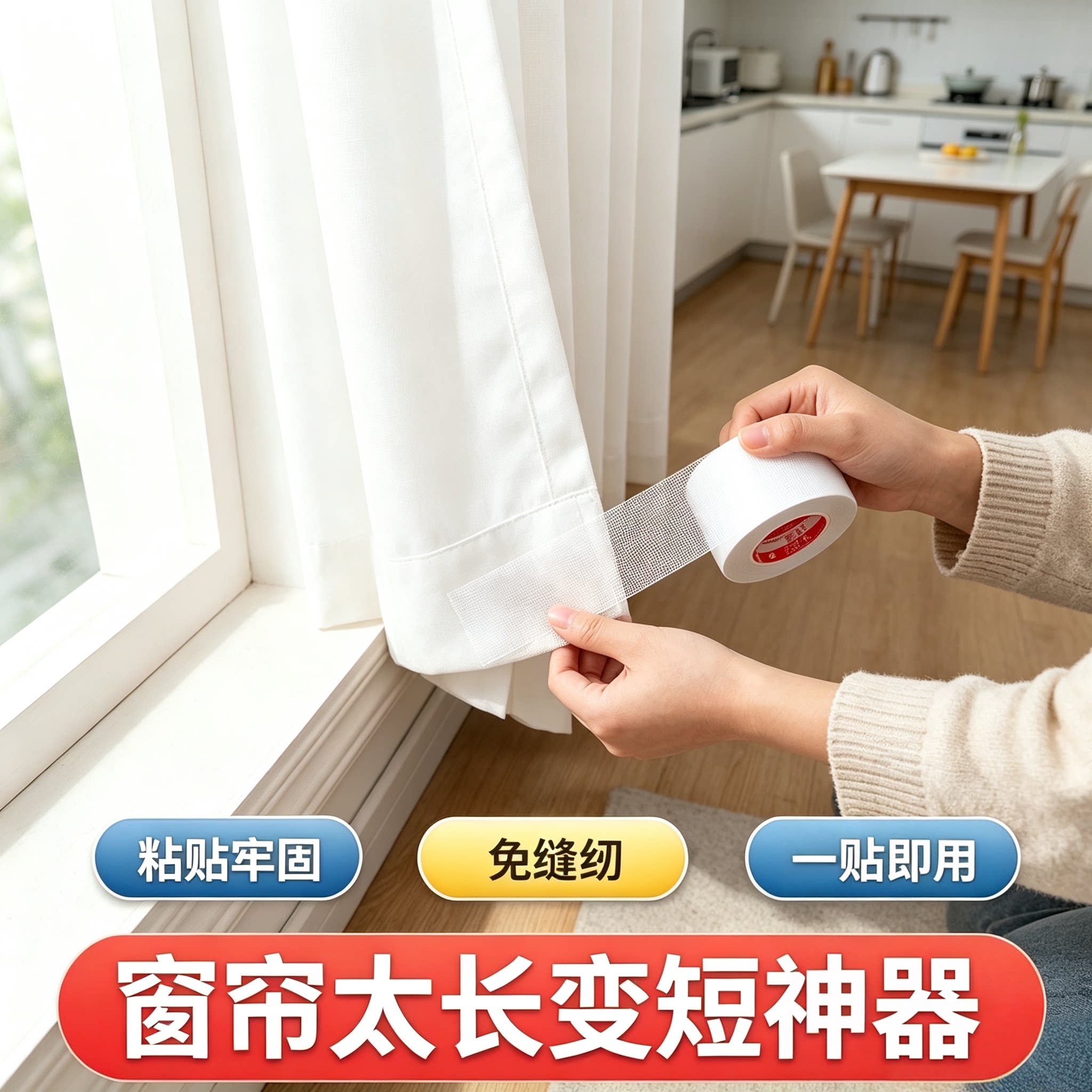 窗帘太长改短神器一贴即用帘布底部变短免剪免缝无痕布贴双面贴图片