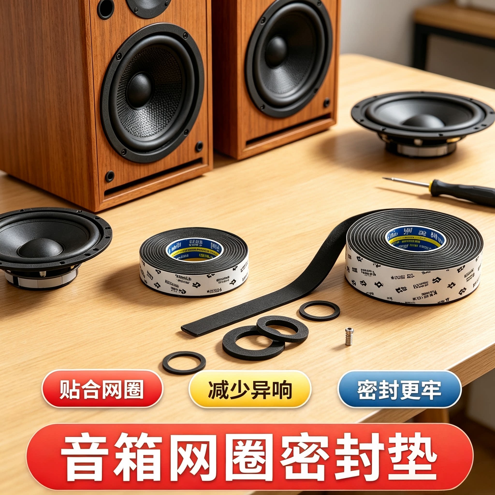 音箱网圈密封垫自粘泡棉胶条喇叭边框贴合垫密封加固防震密封条