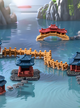 中式造景古建筑亭台楼阁流水假山造景摆件水陆鱼缸盆景植物微景观