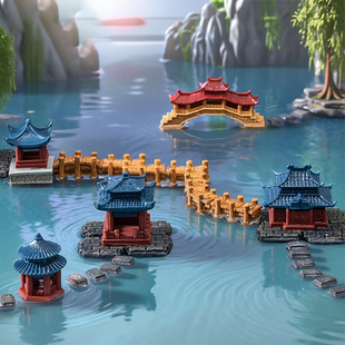 中式造景古建筑亭台楼阁流水假山造景摆件水陆鱼缸盆景植物微景观