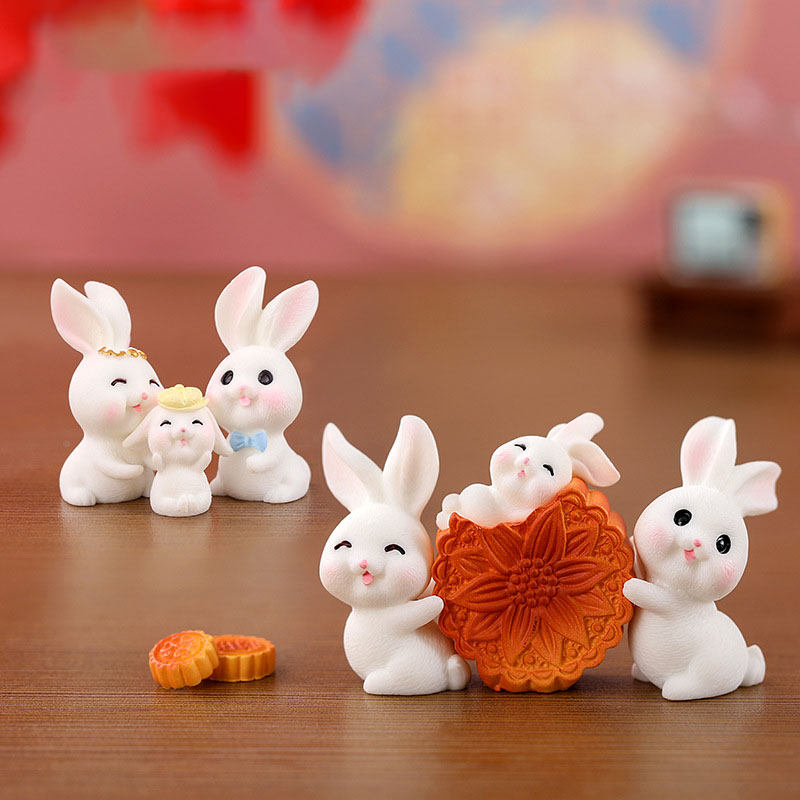 中秋节主题纪念蛋糕装饰小摆件 吃月饼 兔子 微景观DIY树脂工艺品