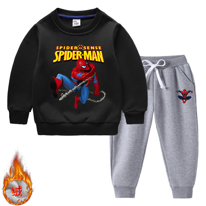 男童冬装套装2026新款儿童加绒保暖卫衣一体绒男孩卡通蜘蛛侠衣服