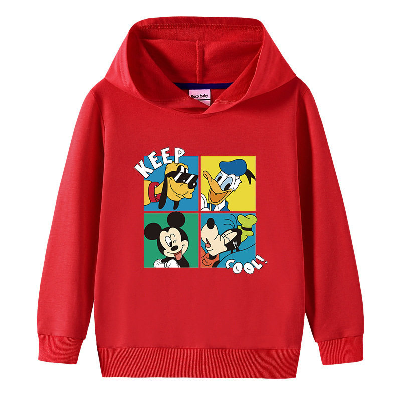 男童长袖卫衣春季洋气红色儿童连帽子外套男女孩春装高飞狗和米奇