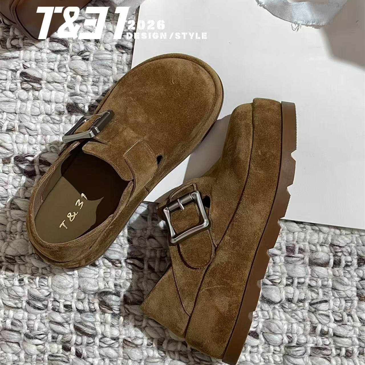 T31女鞋2026秋冬新款勃肯鞋厚底一体色猄皮乐福鞋一脚蹬显高百搭