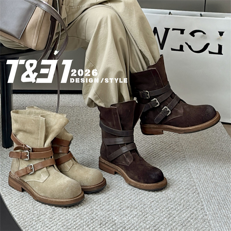 T31女鞋2026秋季新款时装短靴英伦风皮带卡扣中跟磨砂皮马丁靴