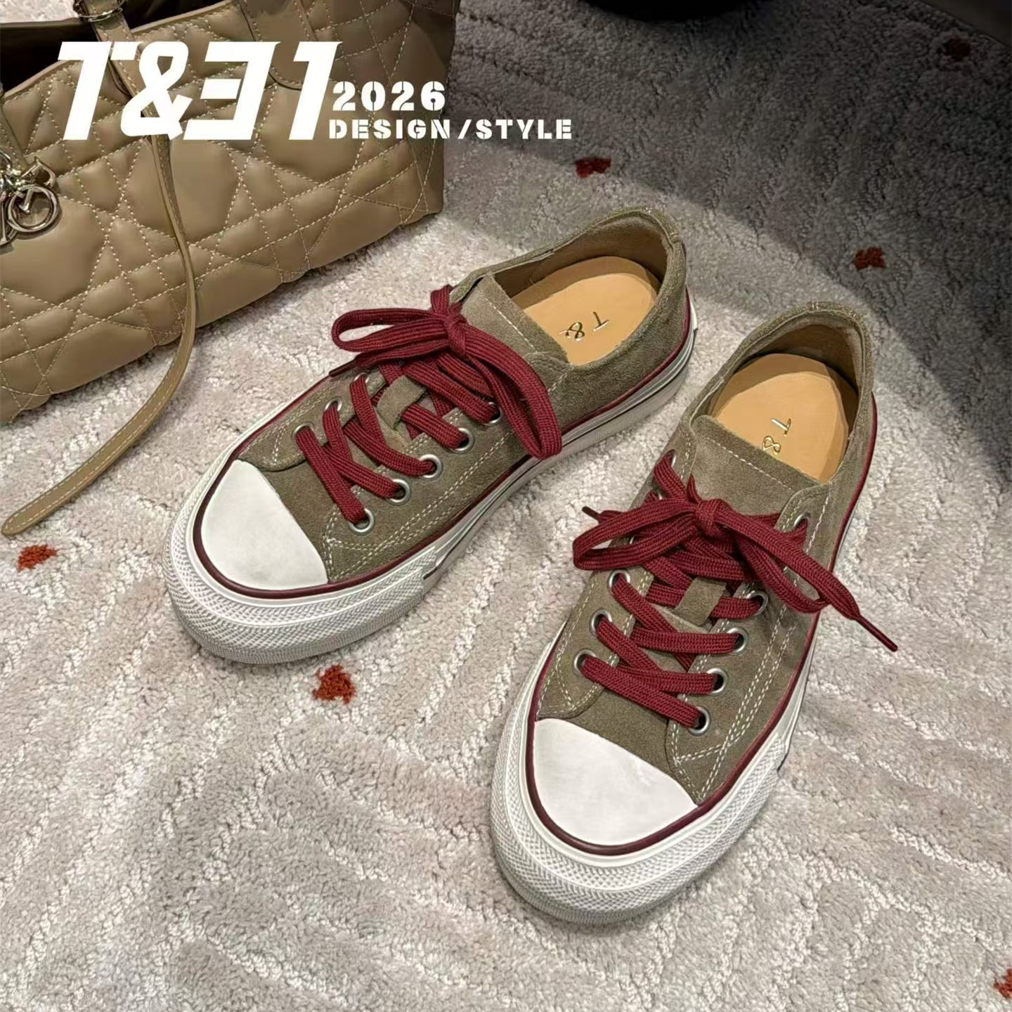 T31女鞋2026秋季新款猄皮面帆布款休闲鞋韩系穿搭滑板鞋做旧擦色