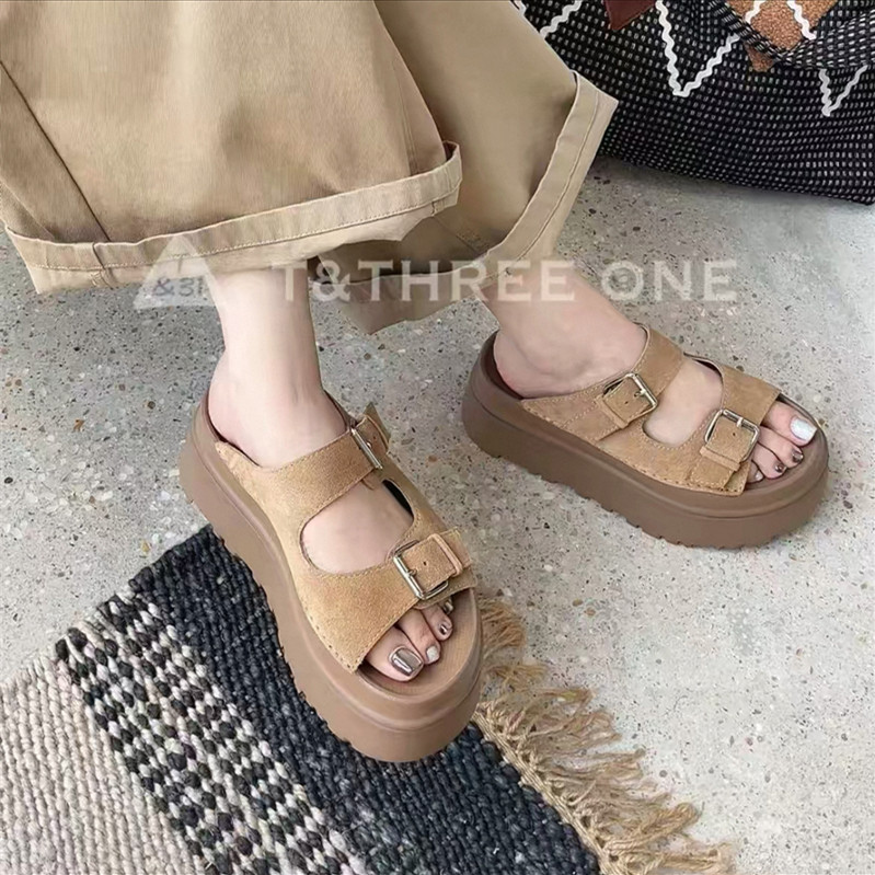 T31女鞋2026夏季新款厚底8cm凉拖真皮一字带露趾松糕底拖鞋显高