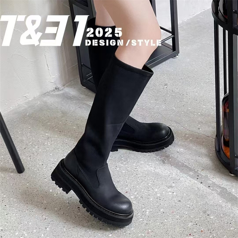T31女鞋2025秋冬新款擦色瘦瘦靴中跟净版显瘦弹力靴高筒长靴百搭