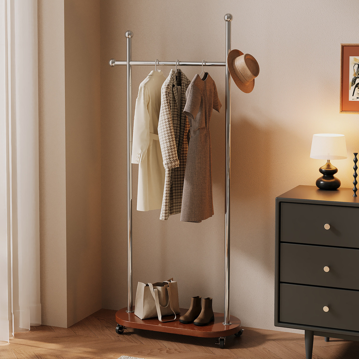 中古风衣架落地卧室衣帽架铁艺衣服收纳架子家用客厅可移动挂衣架