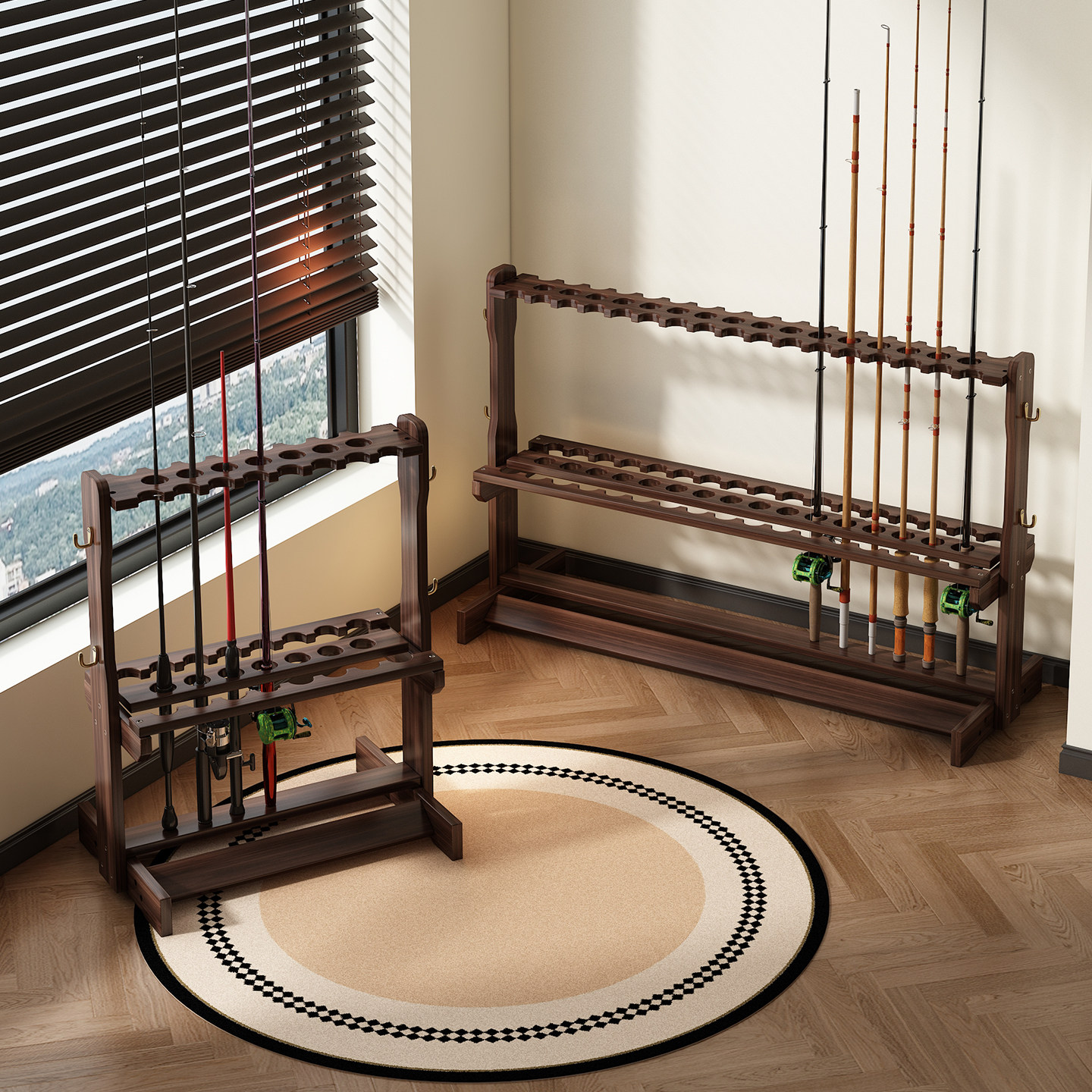 鱼竿架子渔具店货架多功能展示架家用竹木手杆路亚竿台球杆收纳架