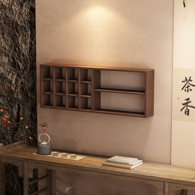 挂墙新中式实木博古架壁挂式多宝阁茶杯壶格子置物架茶具摆件展示