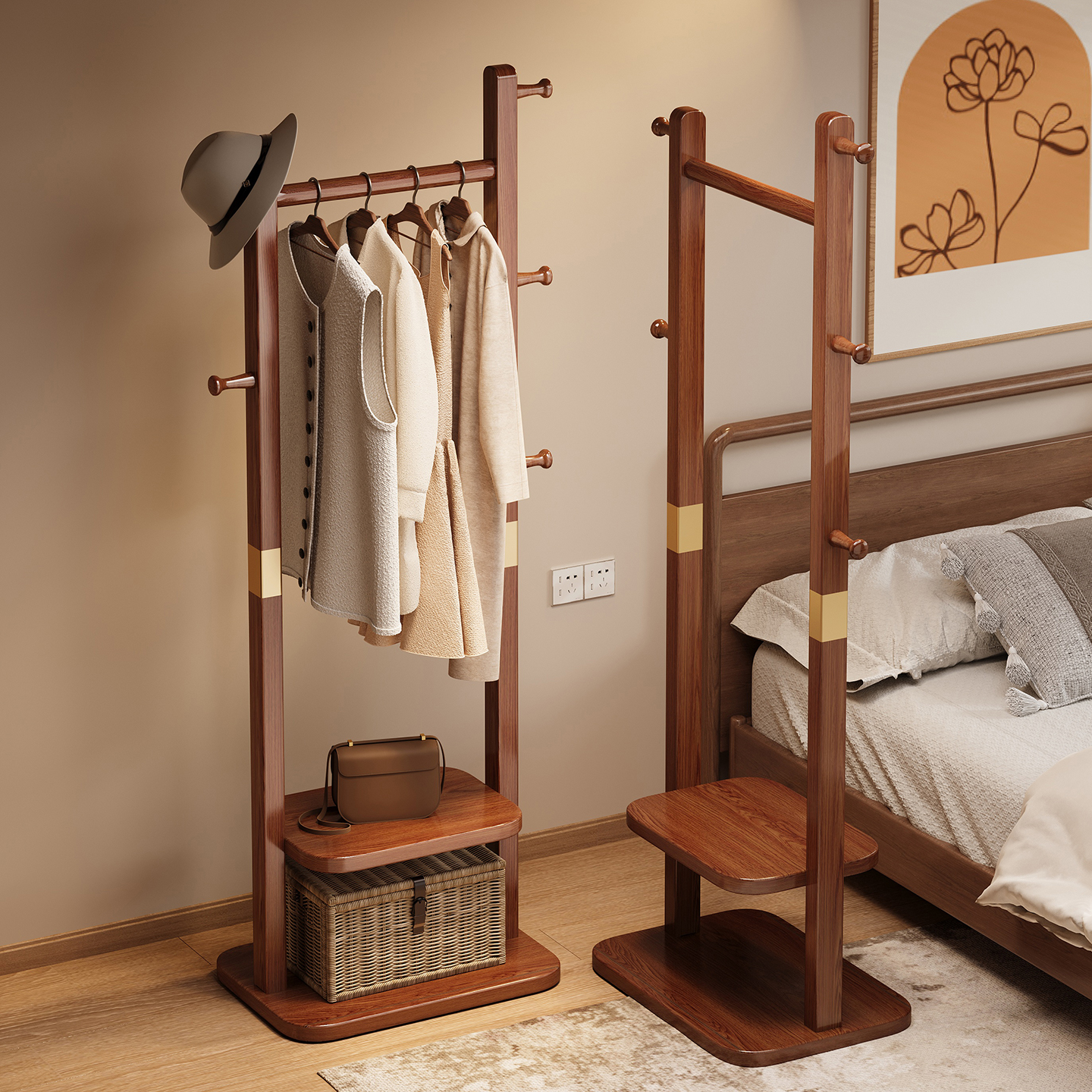 实木衣帽架落地卧室挂衣架家用小型不占空间新中式衣服架子置物架