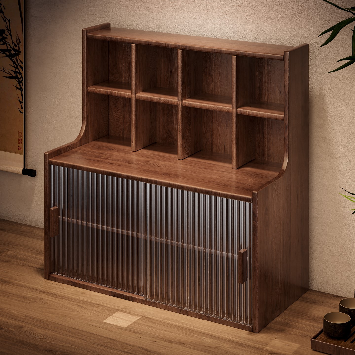 实木桌面茶室置物柜中式博古架多层茶杯茶叶收纳架茶具展示格子架