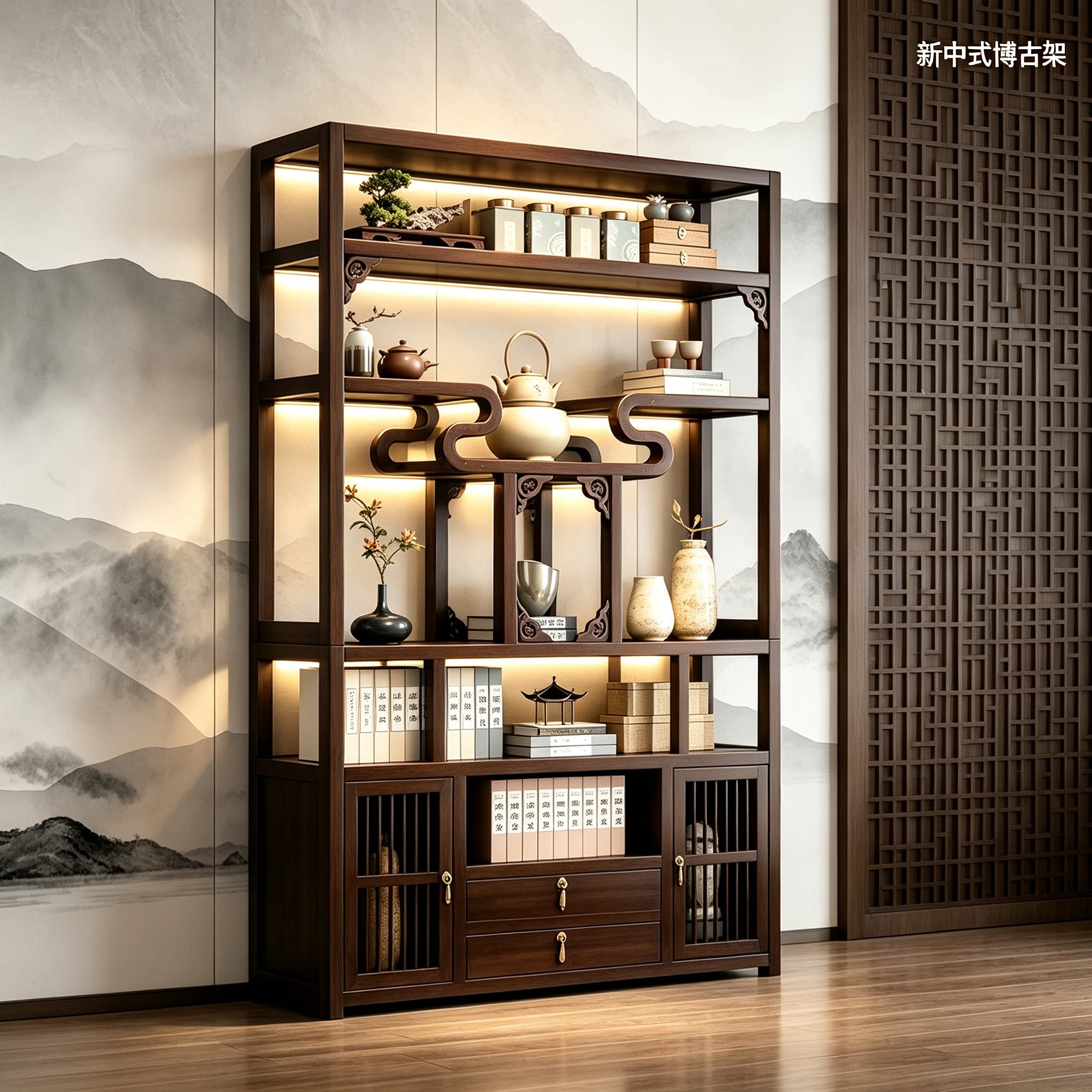 新中式博古架办公室落地茶室茶具茶用具展示柜祥云古董摆件置物架