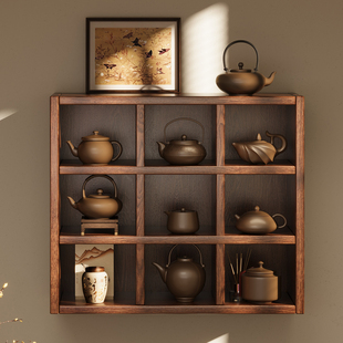 墙上实木置物架多宝格挂壁式博古架中式茶杯架现代简约收纳茶具架