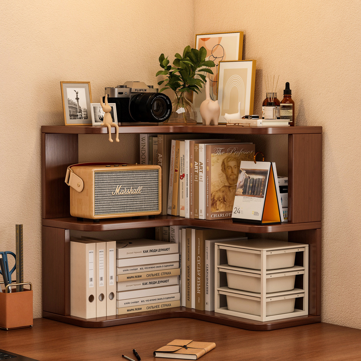 实木桌面书架书桌上转角置物架家用台面书柜办公室多层书本收纳架