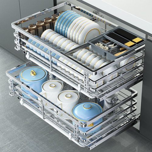 304不锈钢拉篮厨房整体橱柜双层抽屉式柜内加深放碗碟架内置收纳