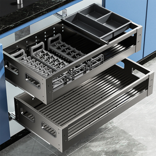 拉篮厨房橱柜不锈钢双层抽屉碗架柜内加深放碗筷内置碗篮调料收纳
