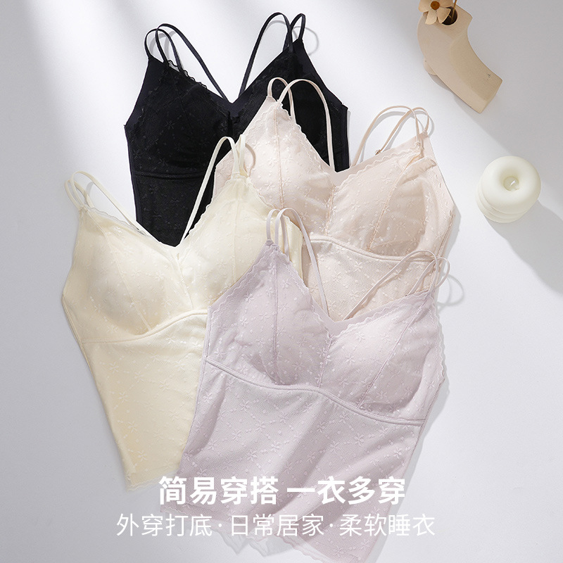 蕾丝美背文胸一体抹胸内衣女2025新款爆款带胸垫细肩带吊带背心