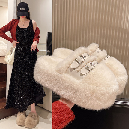 7公分小众设计感厚底毛毛拖鞋女外穿2025秋冬季新款包头毛绒棉鞋