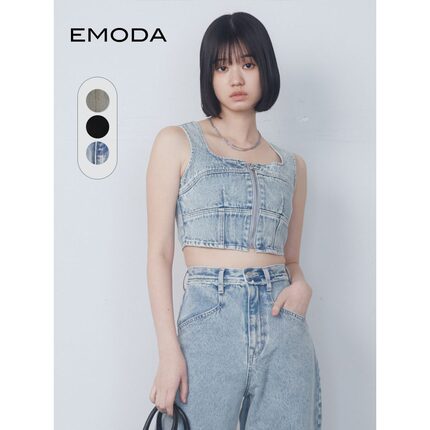 EMODA2024年春季个性复古风拉链短款紧身牛仔背心0424227701