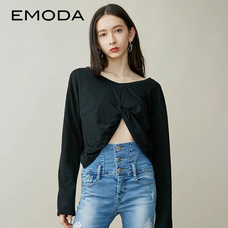 长袖前后两穿露脐宽松T恤