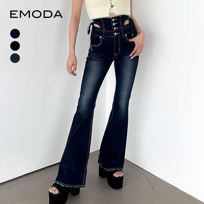 EMODA夏季新款淑女腰部挖空蝴蝶结系带高腰微喇牛仔裤0424424703