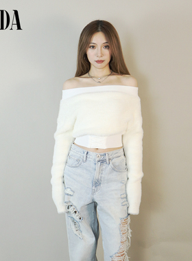 GYDA夏季舒适毛绒露肩一字肩百搭修身御姐风长袖上衣0723626853
