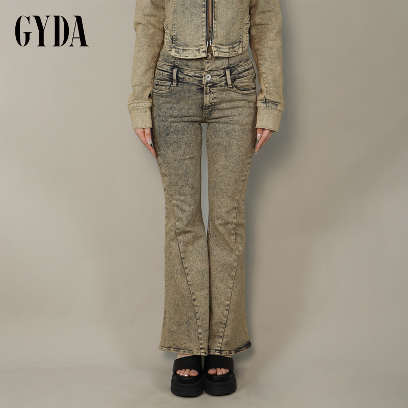 GYDA2024秋季新款显瘦经典三粒扣高腰做旧喇叭牛仔裤0724424056