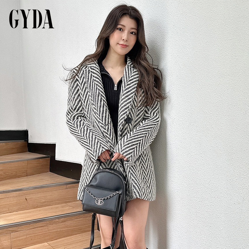 GYDA2024秋季新品宽松休闲粗花呢翻领中长款夹克外套女0724500830
