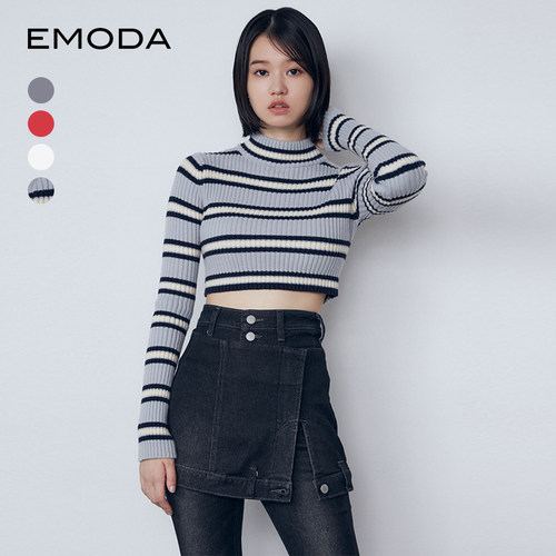 EMODA2024秋冬百搭通勤高领罗纹短款针织上衣女士0424526002