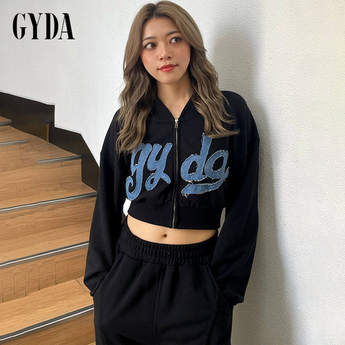 GYDA2025冬季百搭女款小众牛仔布LOGO短款拉链上衣0725129219