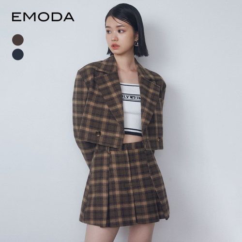 EMODA2024秋季轻熟高级简约格纹翻领短款外套女士0424501001