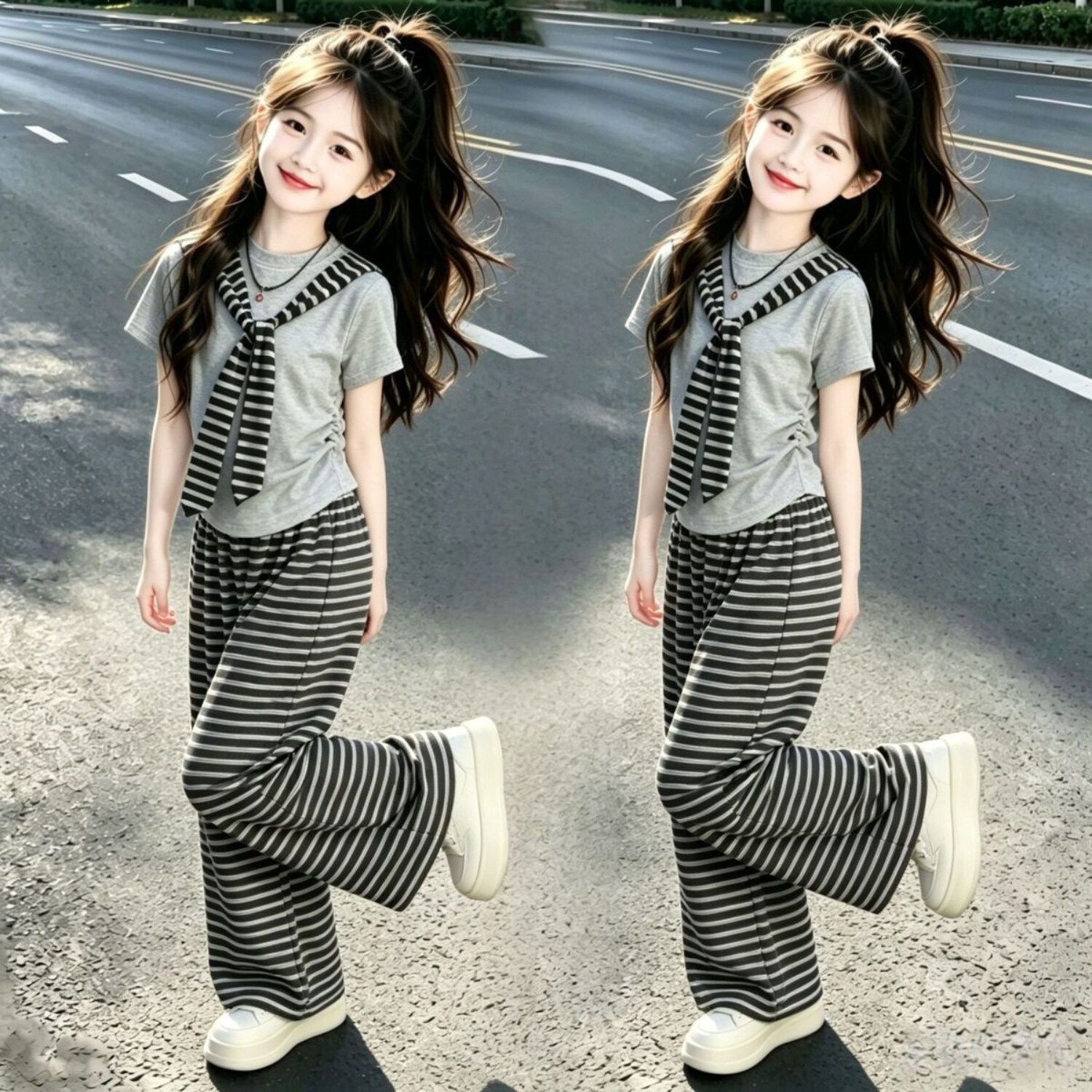 韩版女儿童海军风条纹披肩套装