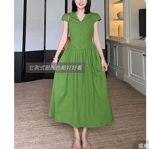 九九呢  文艺气质清新绿布包扣收腰显瘦连衣裙夏季新款长裙