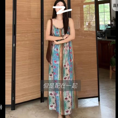 九九 新中式印花复古度假风缪斯感连衣裙吊带裙夏款