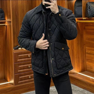 冬季新款翻领棉服男士商务秋冬修身菱形百搭棉衣休闲条绒保暖外套